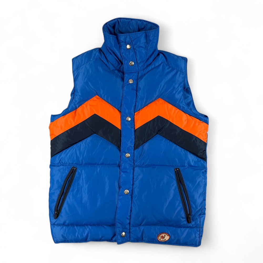 Vintage Camel Puffer Vest Mens S‎ Blue Orange Goose Down 80/20 Retro Insulated - Picture 2 of 10